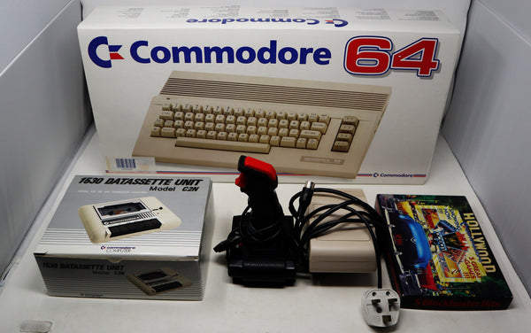 Vintage 1990s Commodore C64 Personal Computer Hollywood Presents Box, QuickShot II Plus Arcade Stick Controller, Boxed 1630 Datassette Unit + 5 Games Lot Bundle Retro Rare