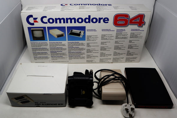 Vintage 1990s Commodore C64 Personal Computer Hollywood Presents Box, QuickShot II Plus Arcade Stick Controller, Boxed 1630 Datassette Unit + 5 Games Lot Bundle Retro Rare