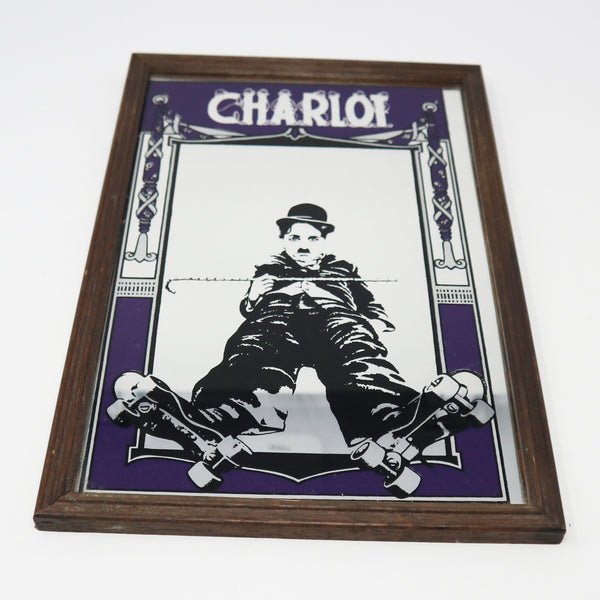 Vintage 1970s Charlie Charles Chaplin Charlot The Little Tramp Wooden Framed French Mirror Rare Bar Pub Brewery Beer Advertising Style Man Cave