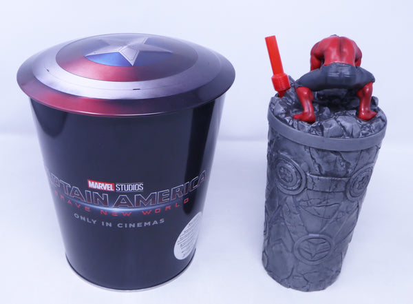 Odeon Cinema Marvel Studios Captain America Brave New World Movie Popcorn Tin Bucket + Plastic Drink Cup With Straw & Hulk Topper Lid NEW Promotional Souvenir Bundle Lot