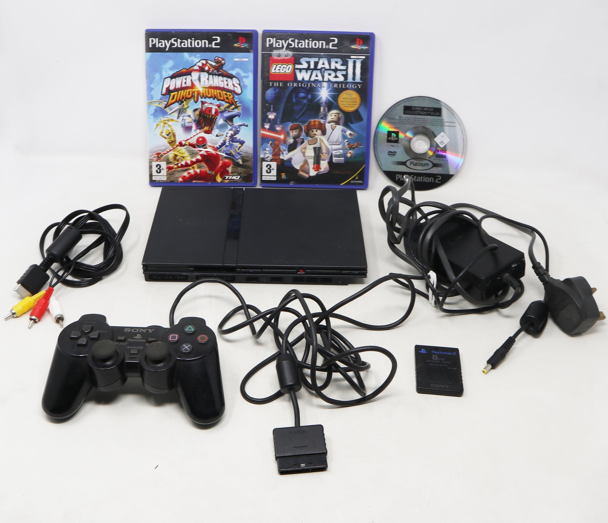 Vintage Sony Playstation 2 PS2 Black Slim Pal Console (SCPH-70003) (Fully Working), Controller + Power Rangers Dino Thunder, Lego Star Wars II The Original Trilogy & Sonic Mega Collection Plus Games Lot Bundle Retro