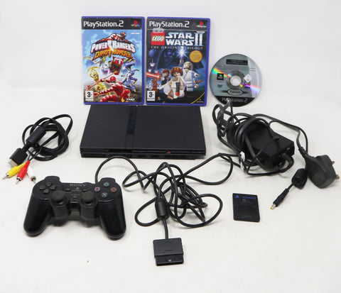 Vintage Sony Playstation 2 PS2 Black Slim Pal Console (SCPH-70003) (Fully Working), Controller + Power Rangers Dino Thunder, Lego Star Wars II The Original Trilogy & Sonic Mega Collection Plus Games Lot Bundle Retro