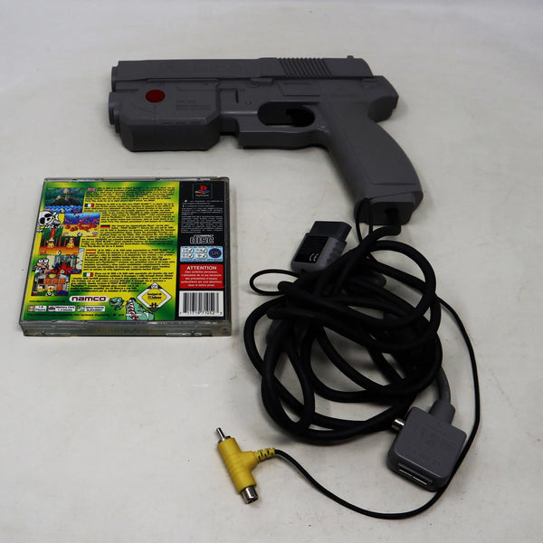Vintage 1997 90s Sony Playstation PS1 Namco Point Blank Video Game + 1996 G-Con45 Light Gun Controller Pal NPC-103 Retro Gaming