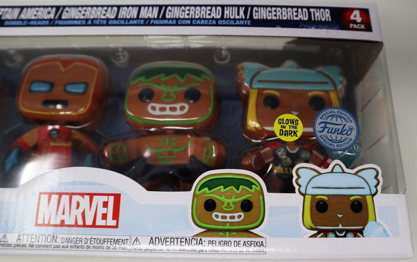 Funko POP! Marvel 933 Gingerbread Captain America / 934 Gingerbread Iron Man / 935 Gingerbread Hulk / 938 Gingerbread Thor Vinyl Bobble-Heads Figures 4 Pack Set Boxed Special Edition Glows In The Dark