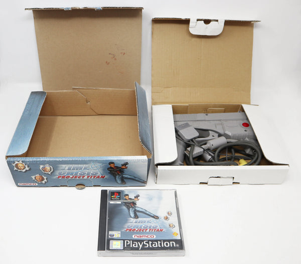 Vintage 2001 Sony Playstation PS1 Namco Time Crisis Project Titan Video Game + G-Con45 Light Gun Controller Pal Boxed SLEH-00007 SCES-02776 Retro Gaming