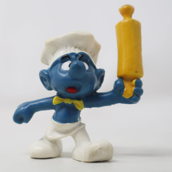 Vintage Bully Peyo The Smurfs Chef Baker Smurf Holding Rolling Pin 2.75" PVC Figure Figurine West Germany Retro