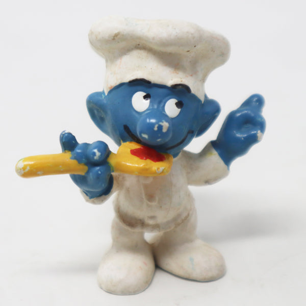 Vintage Schleich Peyo The Smurfs Chef Cooking Smurf Holding Tasting Spoon 2" PVC Figure Figurine West Germany Retro