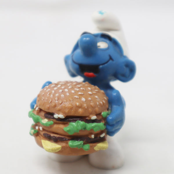 Vintage 1996 90s McDonald's Happy Meal Toy Peyo The Smurfs Smurf Holding Big Mac Burger 2" PVC Figure Figurine Retro