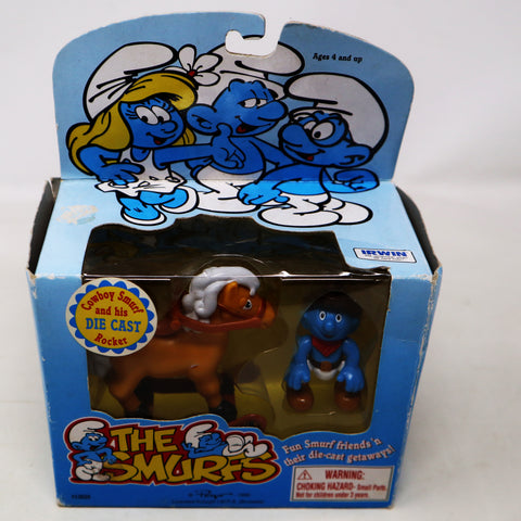 Vintage 1996 90s Irwin Toy Island Peyo The Smurfs Die-Cast Rocking Horse Rocker With Cowboy Smurf Poseable Figure Boxed Retro