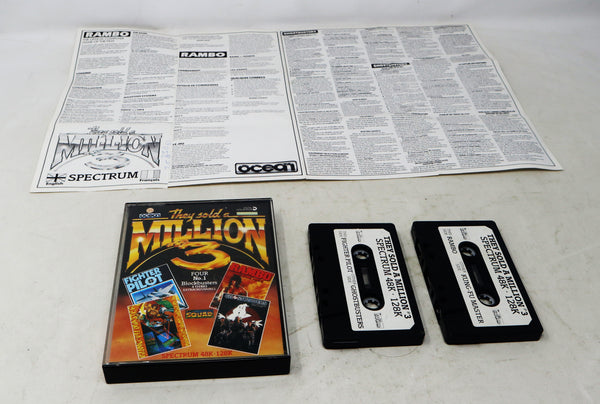 Vintage 1980s Spectrum 48K 128K Ocean They Sold A Million III 3 Cassette Tape Video Game (Fighter Pilot, Kung-Fu Master, Rambo First Blood Part II 2 & Ghostbusters) Retro