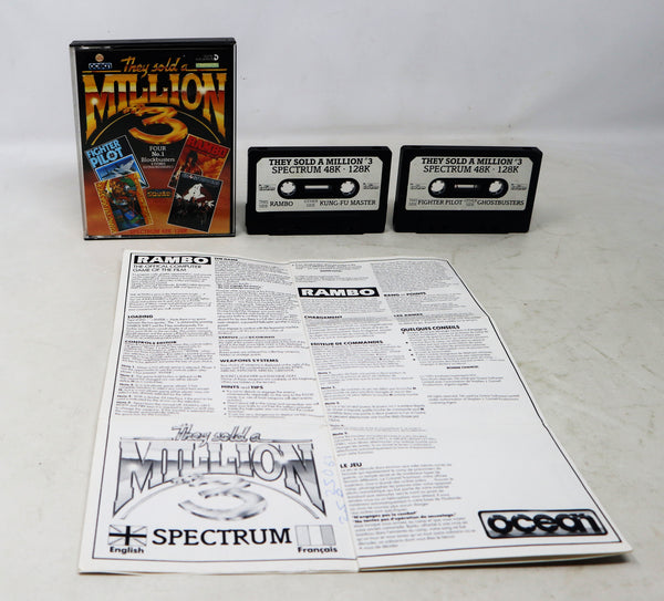 Vintage 1980s Spectrum 48K 128K Ocean They Sold A Million III 3 Cassette Tape Video Game (Fighter Pilot, Kung-Fu Master, Rambo First Blood Part II 2 & Ghostbusters) Retro