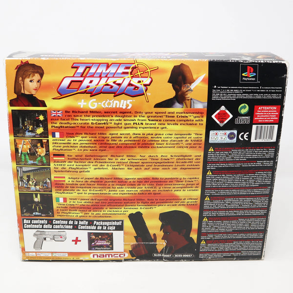 Vintage 1996 90s Sony Playstation PS1 Namco Time Crisis Video Game + G-Con45 Light Gun Controller Pal Boxed SLEH-00007 SCES-00657 Retro Gaming