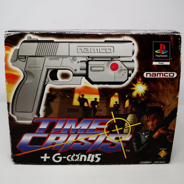 Vintage 1996 90s Sony Playstation PS1 Namco Time Crisis Video Game + G-Con45 Light Gun Controller Pal Boxed SLEH-00007 SCES-00657 Retro Gaming