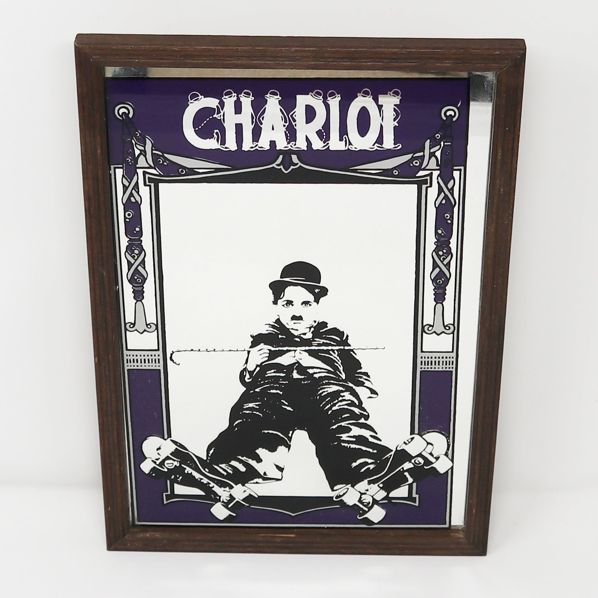 Vintage 1970s Charlie Charles Chaplin Charlot The Little Tramp Wooden Framed French Mirror Rare Bar Pub Brewery Beer Advertising Style Man Cave