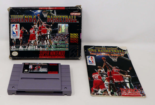 Vintage 1993 90s Super Nintendo Entertainment System SNES Tecmo Super NBA Basketball Cartridge Video Game Boxed NTSC Version